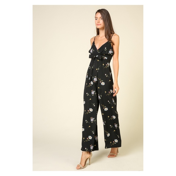 Black Floral Front Tie Wide Leg Casual Jumpsuit - Picture 3 of 8